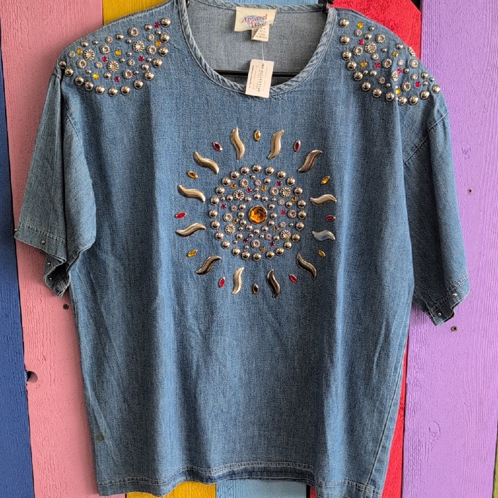Vintage Denim Top with Colorful Embellishments